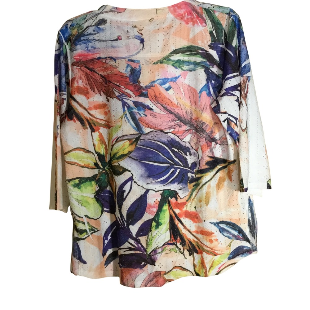 Top Ligne Womens‎ Large Tropical Floral Sequin Eyelet V-Neck 3/4 Sleeve Top USA